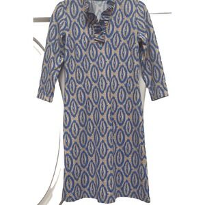 J‎ McLaughlin XS Dress Ruffled Collar LS Ikat Pattern Blue